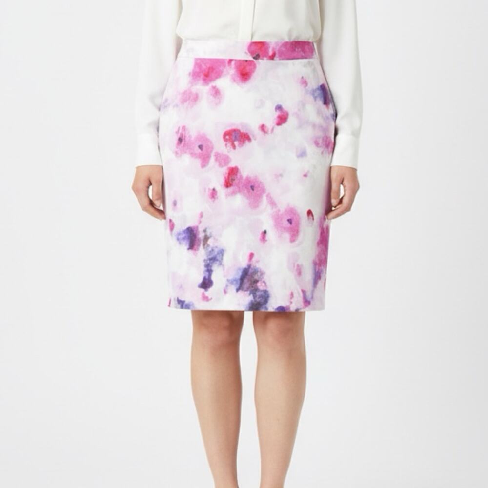 Kenar Women's Pencil Skirt Size 4 White & Pink Floral Watercolor Print Stretch